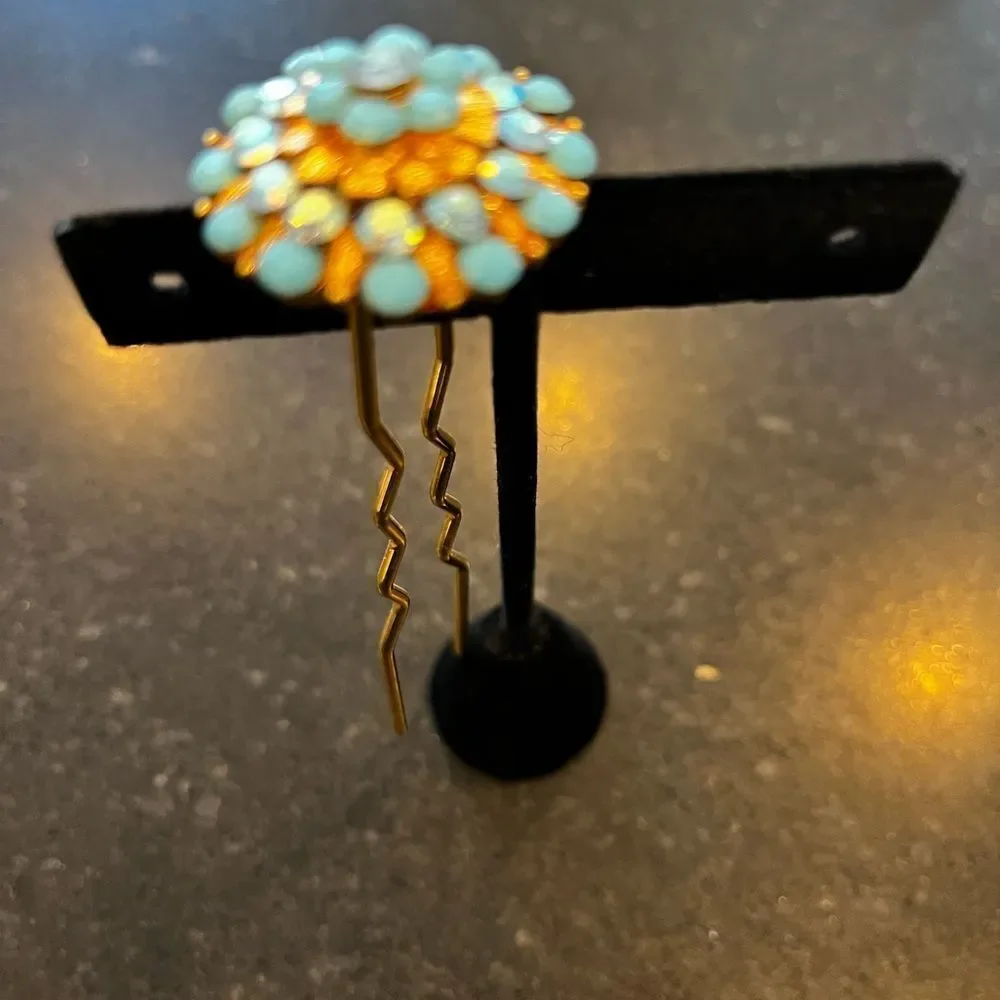 Hair pin Lovely Jewelry Turquoise Crystal Elegant flower Gold Tone